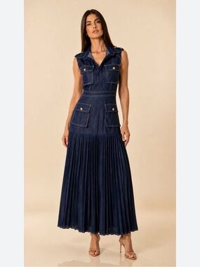 Sleeveless Navy Denim Maxi Dress with Pleated Skirt
